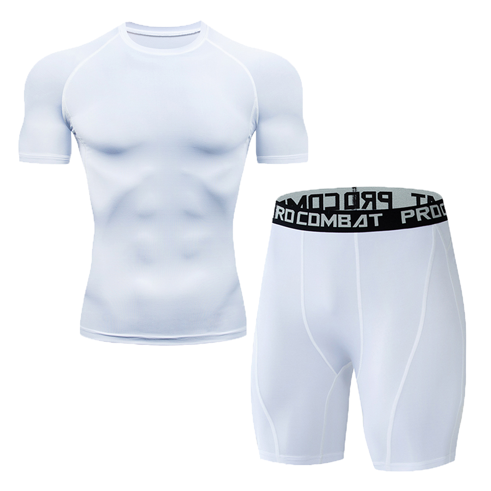 Men Quick Dry Compression Suit 2 Pieces Athletic Short Sleeve Tight Shirt Elastic Waist Sports Shorts Gym Running Training Fitness Base Layer Underwear Set