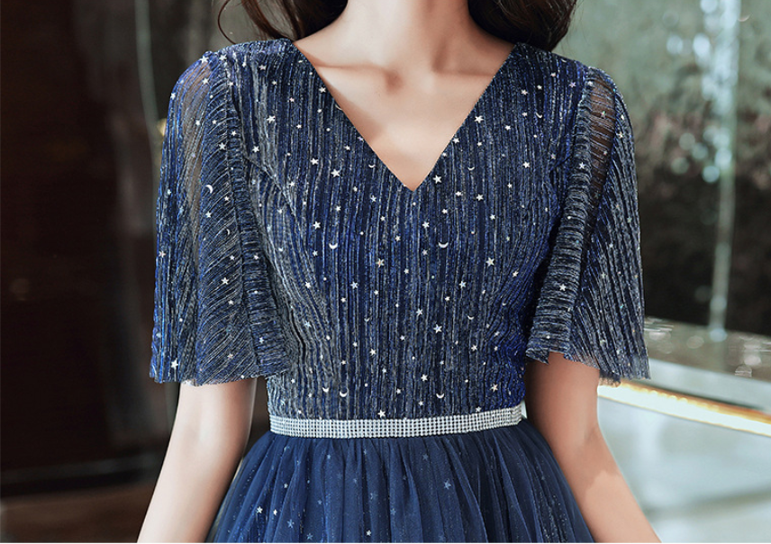 Sequin Blue V-Neck Slim Long Dress - 7