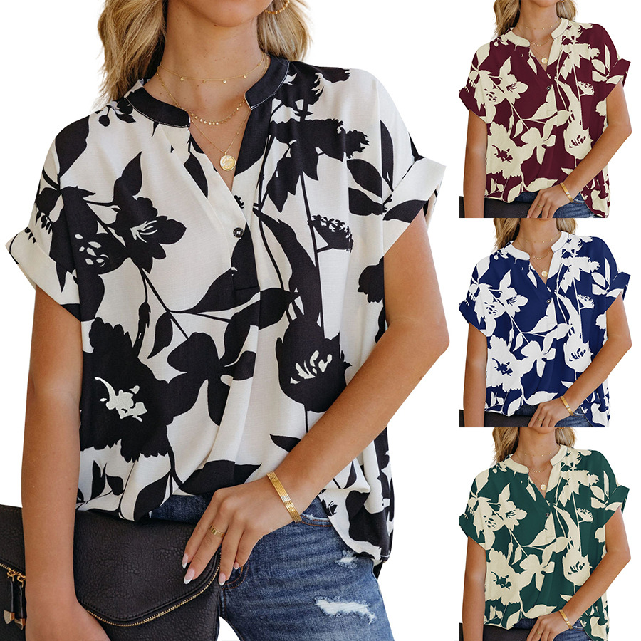 Women's Loose Printed Short Sleeve V-Neck Buttoned Chiffon Shirt