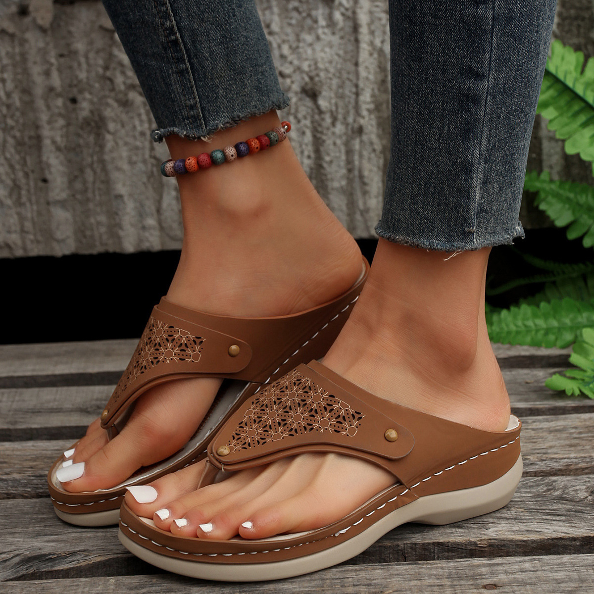 Thong Sandals Summer Flip Flops Women Outdoor Slippers Beach Shoes Brown - Shop at LoveMi