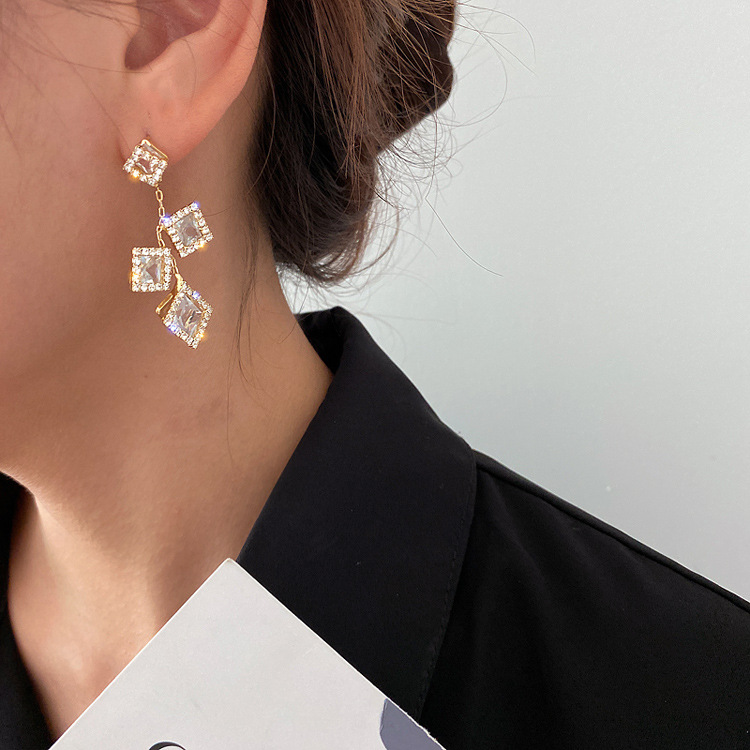 Silver Needle Simple Geometric Square Rhinestone Earrings Fashion
