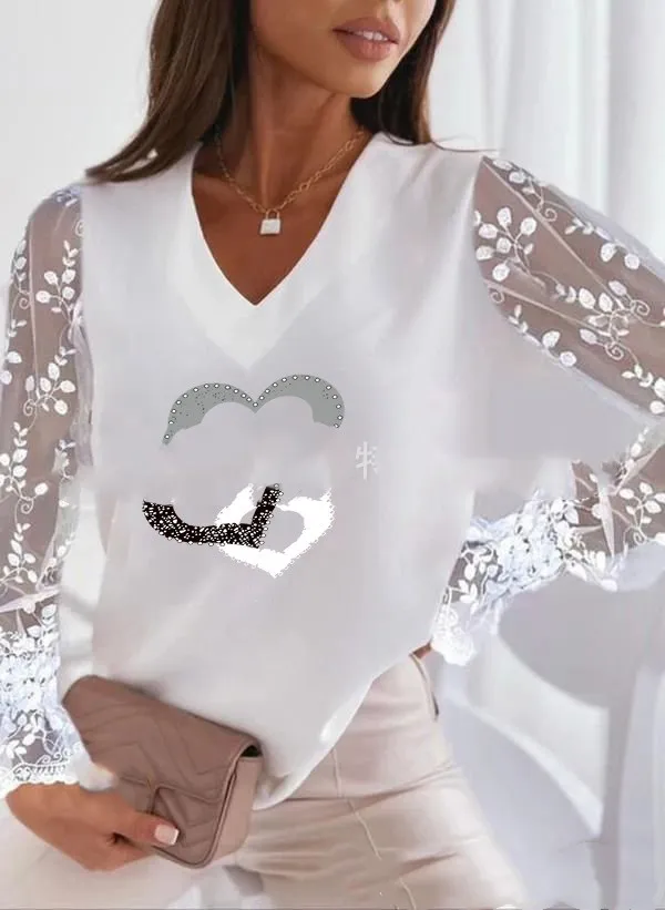 V neck Printed Stitching Mesh Sleeves Bottoming Shirt T shirt Top For Women Peach Heart 3 White - Shop at LoveMi