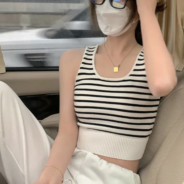 Women's Summer Slim High Waist Sleeveless Striped Knit Camisole Black White Stripes - Shop at LoveMi