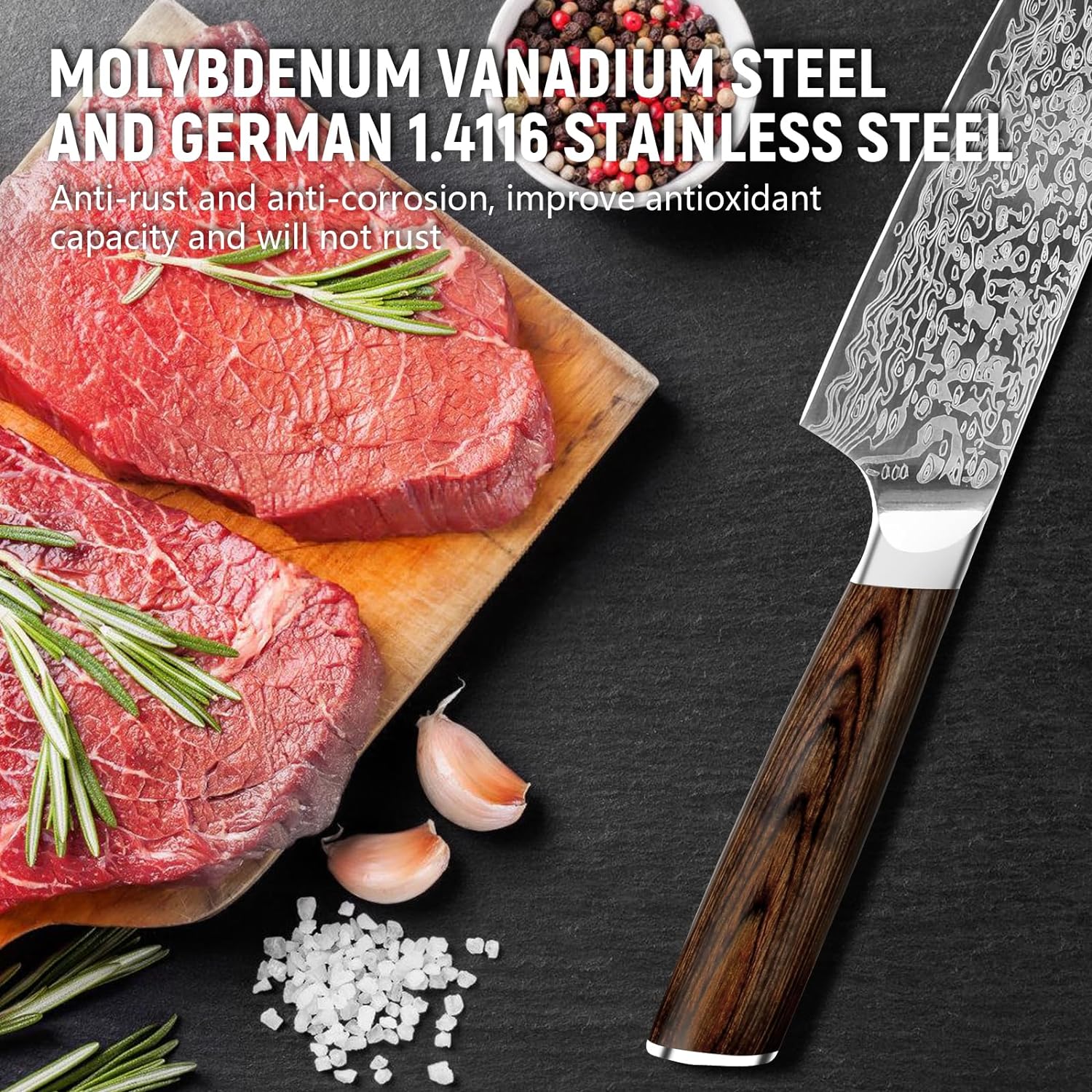 Vanadium-Steel-Chef-Knife-Laser-Pattern-Rosewood-Handle-MATERIAL-1-4116-molybdenum-vanadium-steel-imported-from-Germany-has-been-carefully-polished-through-10-processes-with-a-hardness-of-58HRC-and-a-thickness-of-2mm-Steel-kitchen-knife-is-not-only-sharp-