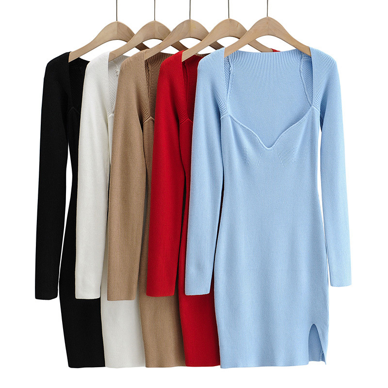 Women's Solid Color Slim Fit V-Neck Show Chest Pit Strip Long Sleeve Side Slit Pack Hip Dress