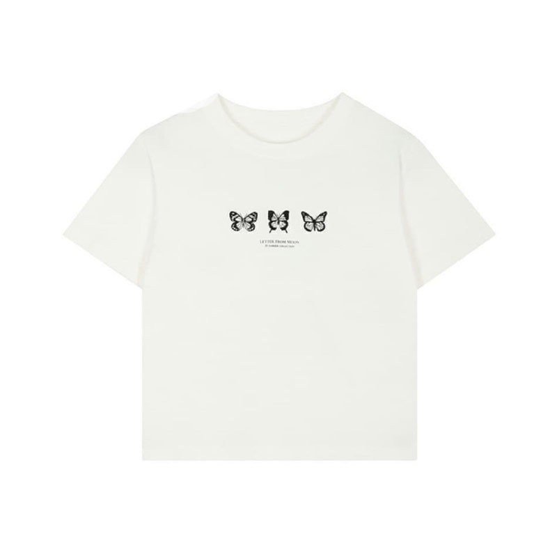 Butterfly Print Crew Neck T-Shirt Letter Cropped Casual Top