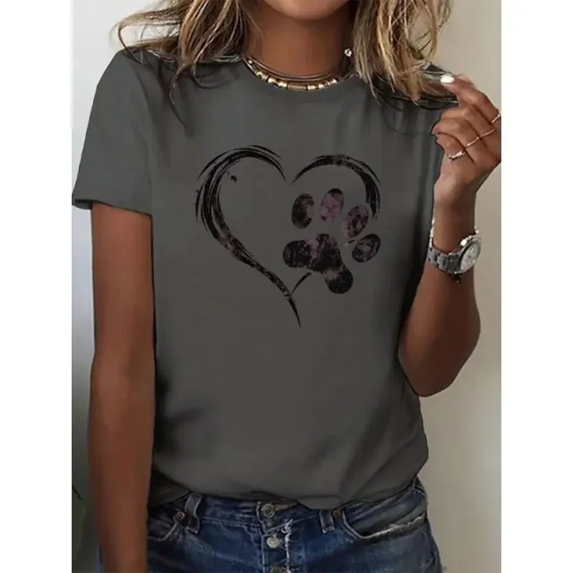 Women's Heart & Paw Print Crew Neck T shirt Casual Short Sleeve Top For Summer Drak Gray - Shop at LoveMi
