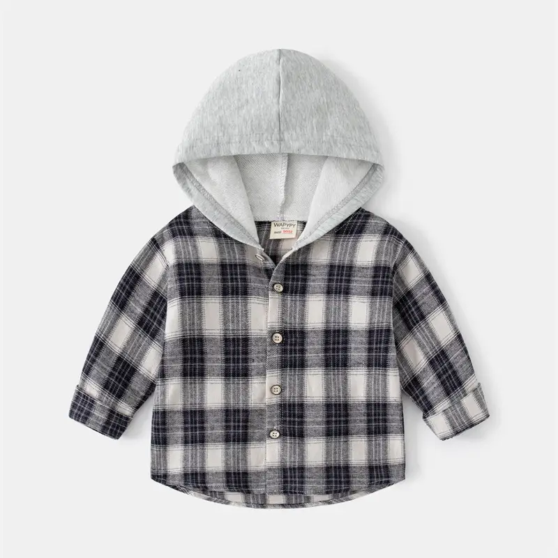 Korean Style Children's Long-sleeved Shirt Baby Plaid Hooded Shirt Trendy