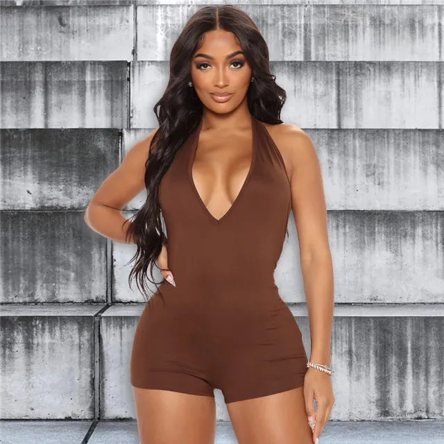 Women's Fashion V Neck Skinny Halter Backless Jumpsuit Brown - Shop at LoveMi