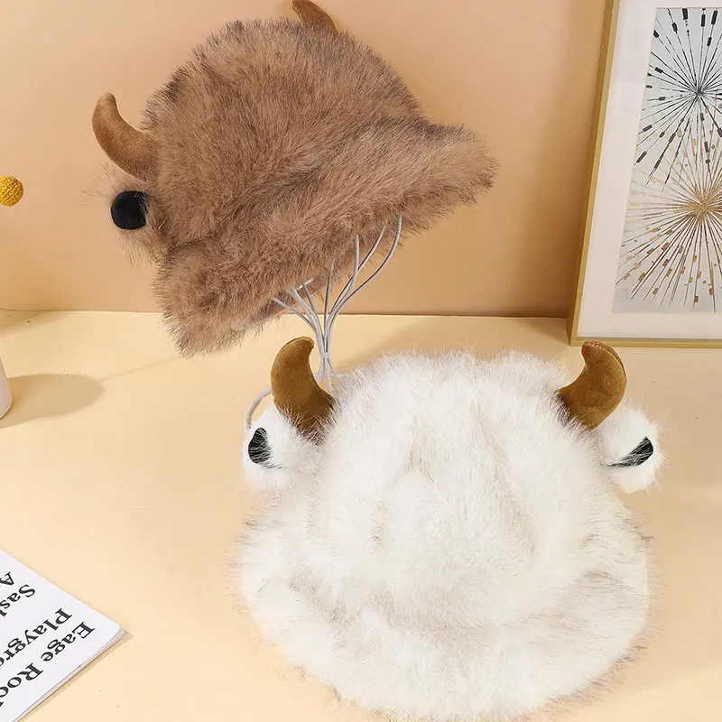 Halloween Cute Cowhorn-shaped Small-ear Plush Fisherman Hat