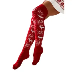 Women Long Socks Christmas Women Knitted Cotton Woolen Stocking Warm Thigh High Over The Knee Cute Deer Printing Socks Twist Cable Crochet - Red - View 1
