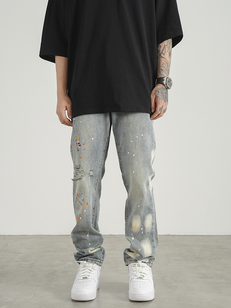 Title 5, Mens Knife Cut Ink Paint Straight Loose Jeans....