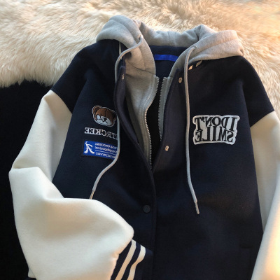 Style Retro Bear Hooded Jacket Loose And Chic Navy - Shop at LoveMi