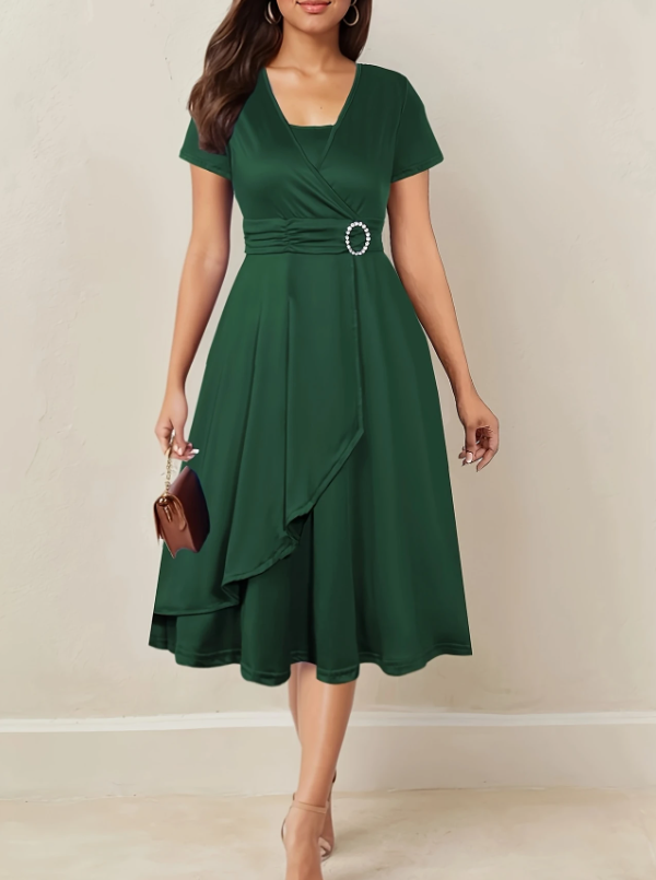 Asymmetrical Hem Short Sleeve V neck Cross Elegant Solid Color Rhinestone Dress Green Green - Shop at LoveMi