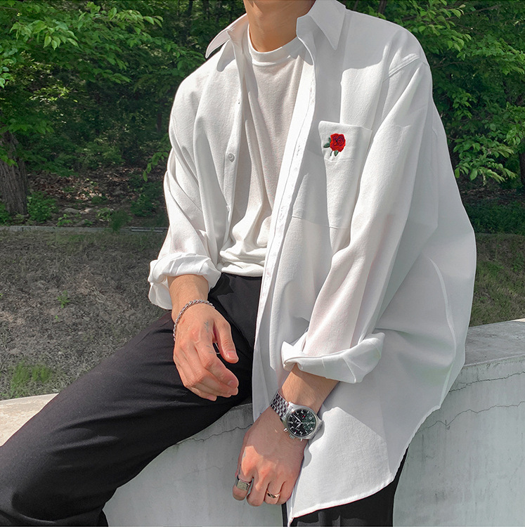 Quality Embroidered Rose Long-sleeved Spring And Summer Men's Long-sleeved Shirt