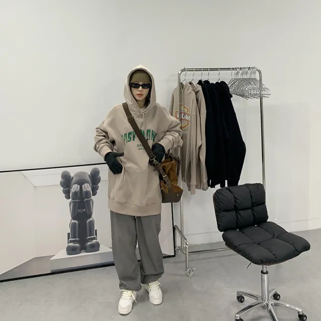 Women's Hip Hop Retro Fleece Print Hoodie Grey Apricot - Shop at LoveMi