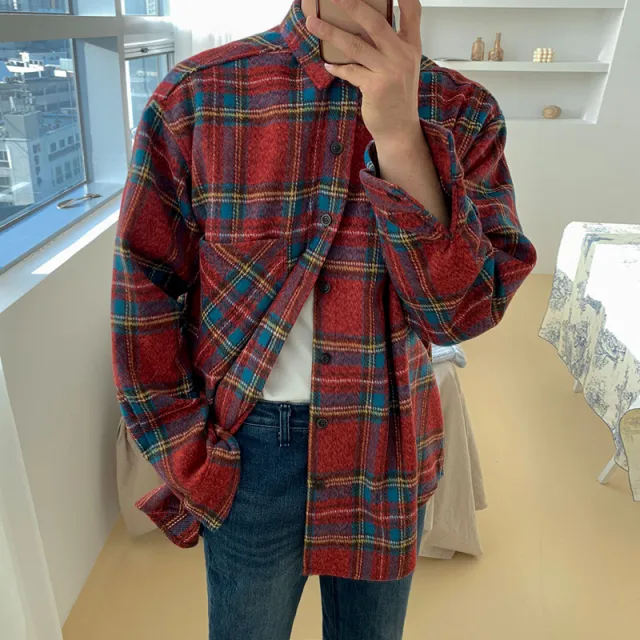 Trendy Cool Coat Long sleeved Plaid Shirt Red - Shop at LoveMi