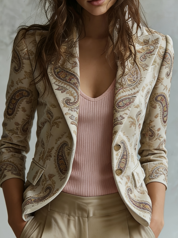 Velvet Pocket Suit With Printed Lapel And Flared Sleeves, Long-sleeved Blazer.