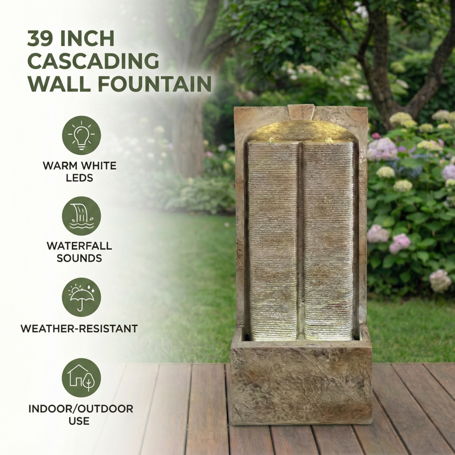 39 Inch Outdoor Water Fountain With Pump, Modern Cascading Freestanding Wall Fountain, Weather-Resistant Garden Water Feature With Warm White LED Lights, Outdoor Waterfall Fountain For Patio Porch Law — foto 5