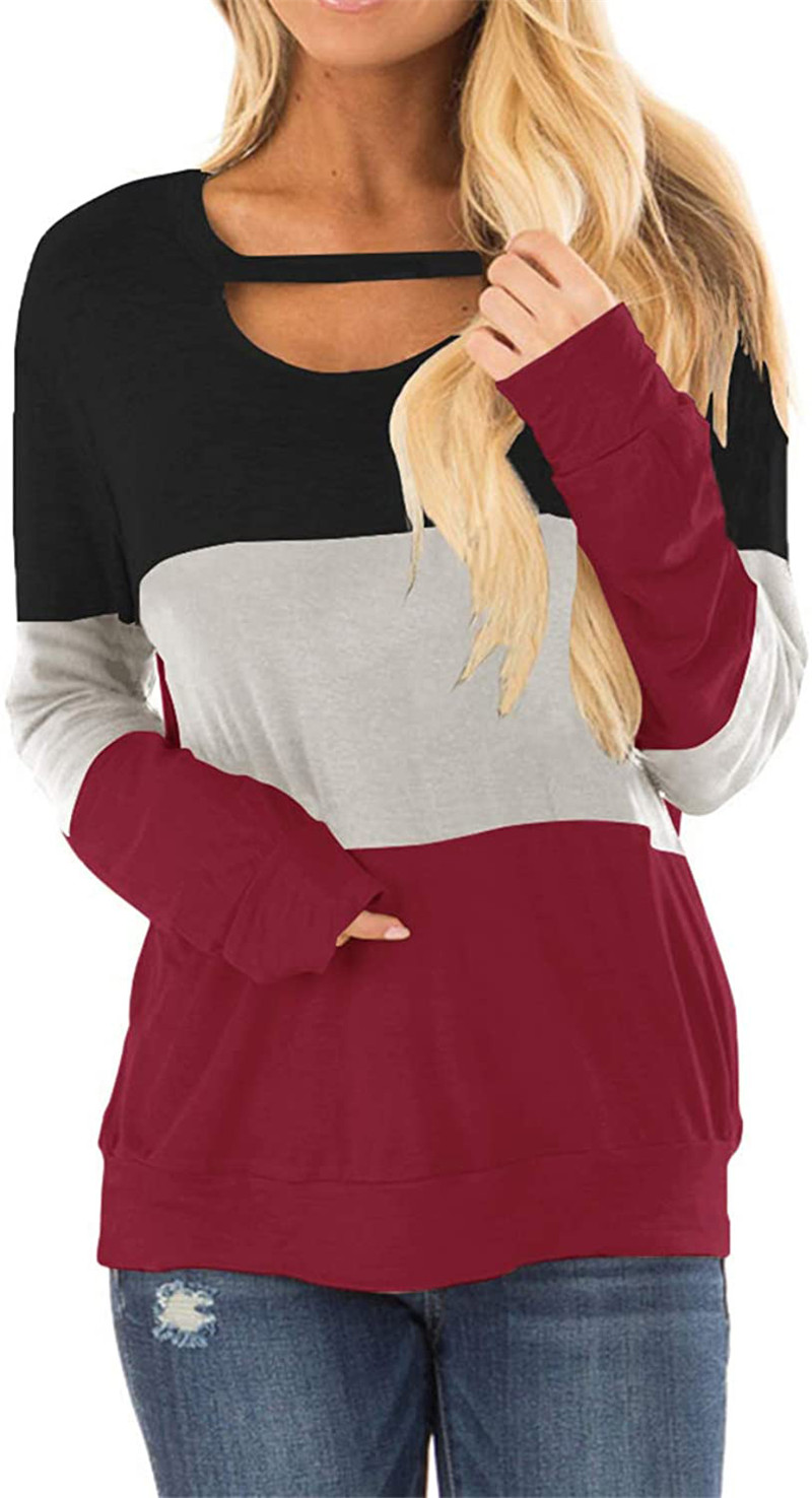 European And American Women's Color-blocking Sweater, Hollow Long-sleeved Low Round Neck