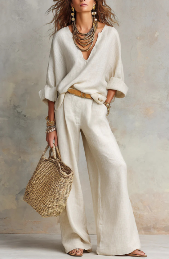 Relaxed Linen-Style V-Neck Batwing Sleeve Wide-Leg Pants Two-Piece Set