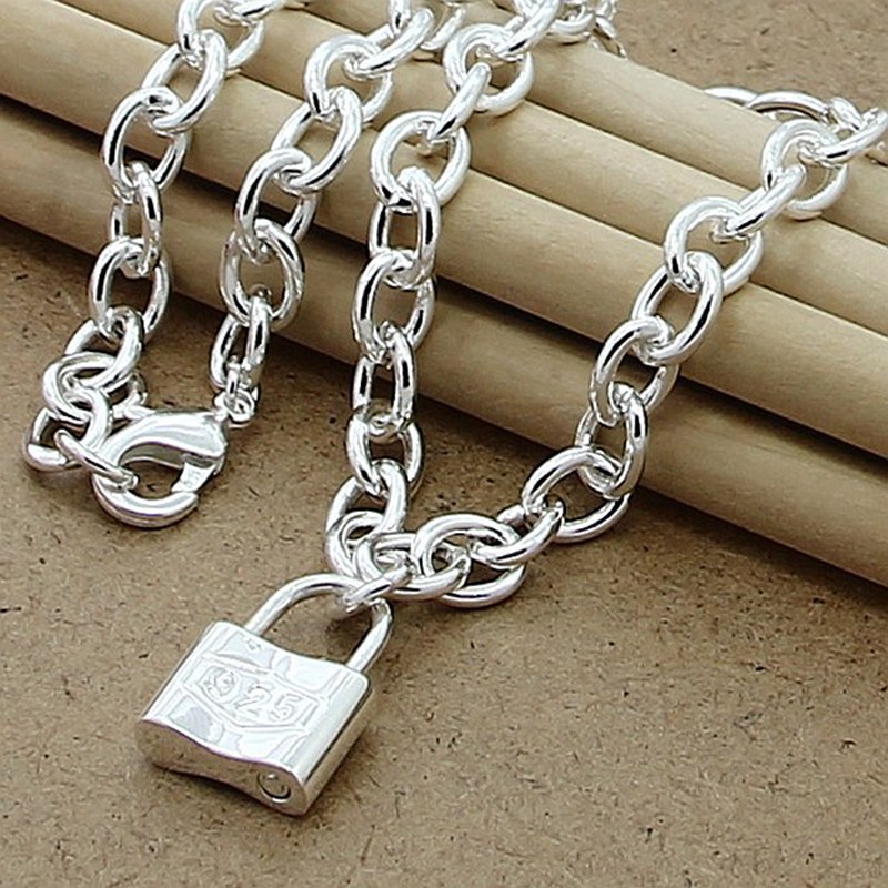 Silver Plated Shrimp Clasp Square Lock Necklace