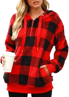 Loose And Thick Plaid Turtleneck Sleeve Plush Sweater Coat Women - Red - View 1