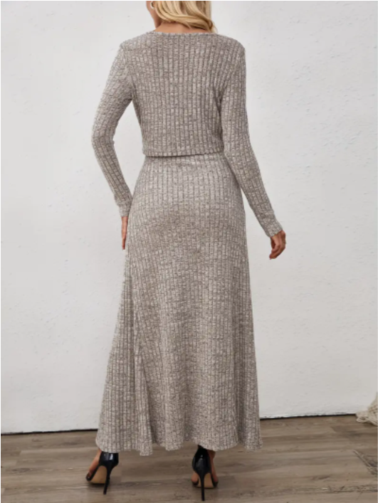 Oriented Fashion Elegant Autumn-Winter New Long-Sleeve Flared Skirt Button-Up Round Neck Cardigan Short Solid Color Goddess Soft Temperament Midi Dress Set