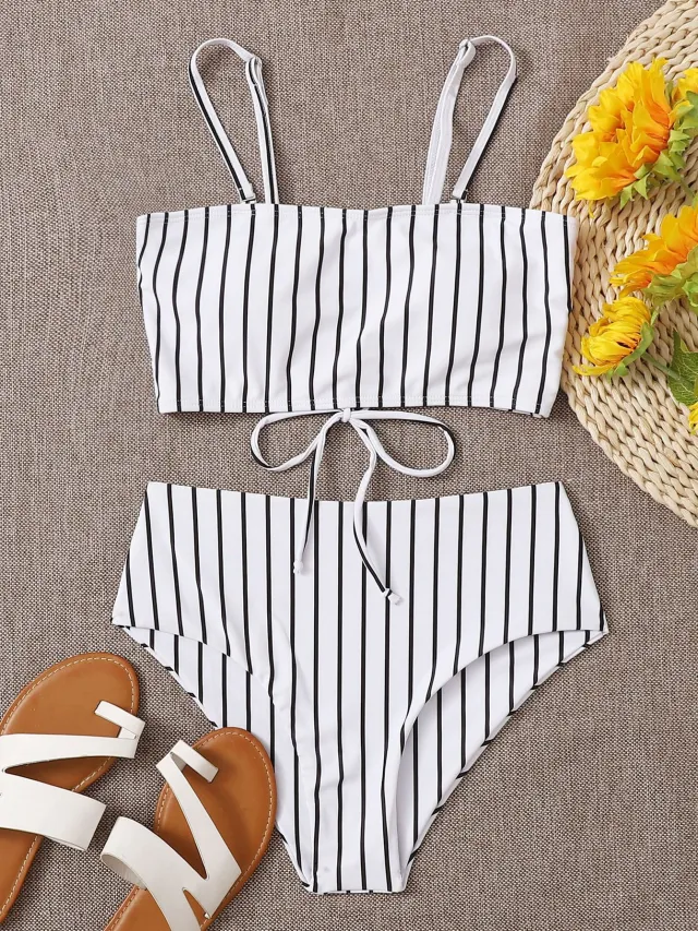 Women's Printed Bikini Split Tie High Waist Swimsuit White - Shop at LoveMi