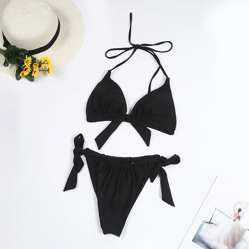 Split Swimsuit Women Multicolour Bikini Halter Neck Tie Big Breasts - Black