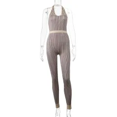 Printed Contrast Halter Bodysuit High Waist Hips Jumpsuit - Brown - View 1