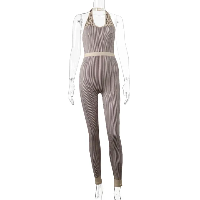 Printed Contrast Halter Bodysuit High Waist Hips Jumpsuit Brown - Shop at LoveMi