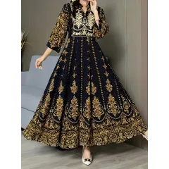 Women's Boho V Neck Maxi Dress Elegant 3 4 Sleeve Ethnic Floral Print Swing Dress - Black - View 1