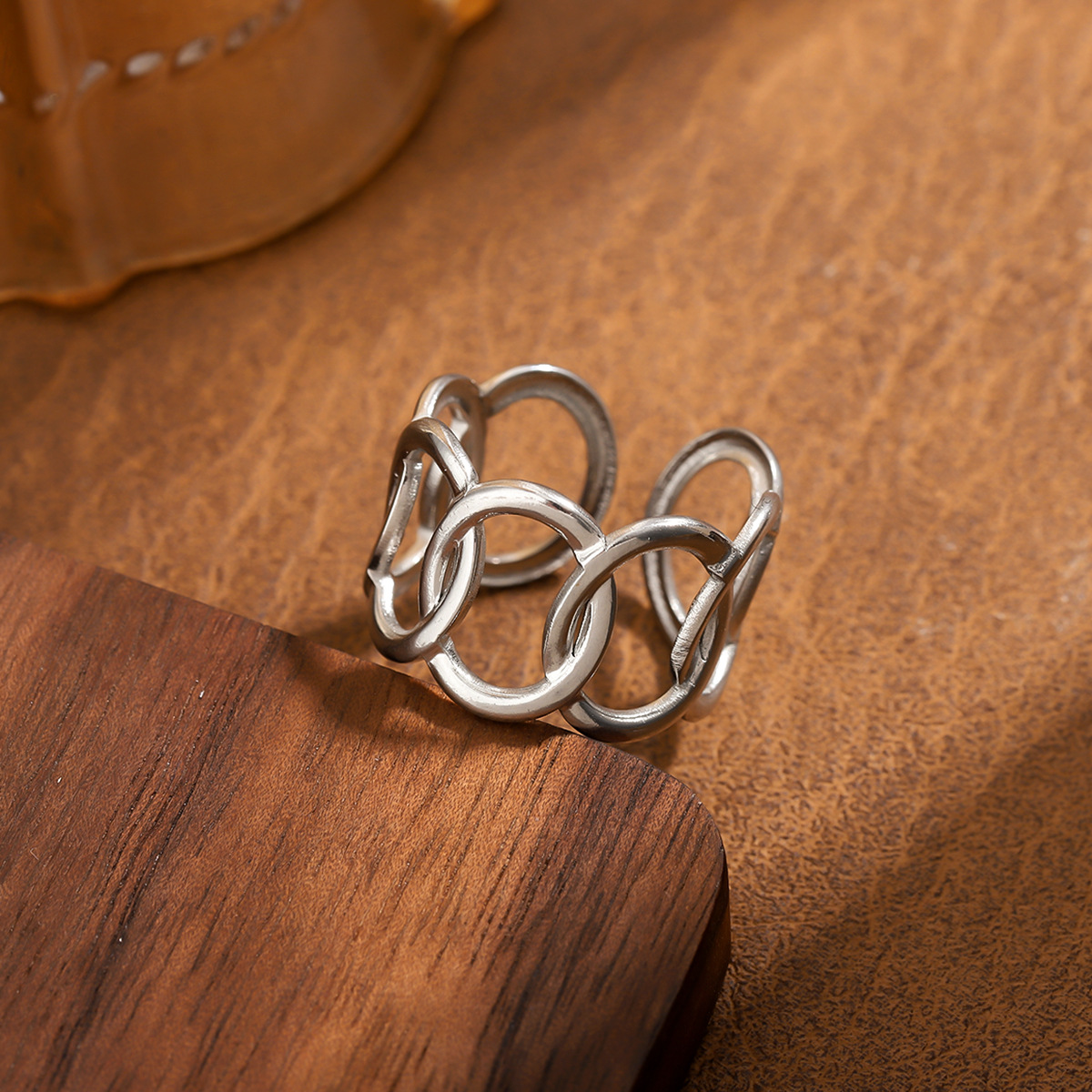 Bold Wide Band Clover Open Ring, Stainless Steel Leaf Ring, Minimalist Niche Design thumbnail 5