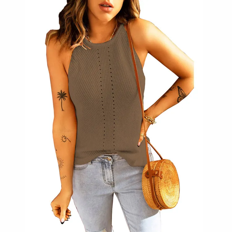 Women's European And American Beach Halterneck Knitted Loose Vest - Khaki