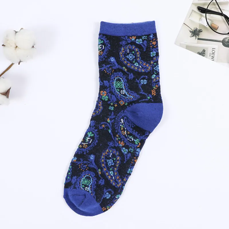 Ethnic French Romantic Vintage Flower Women's Medium Cotton Socks - Blue