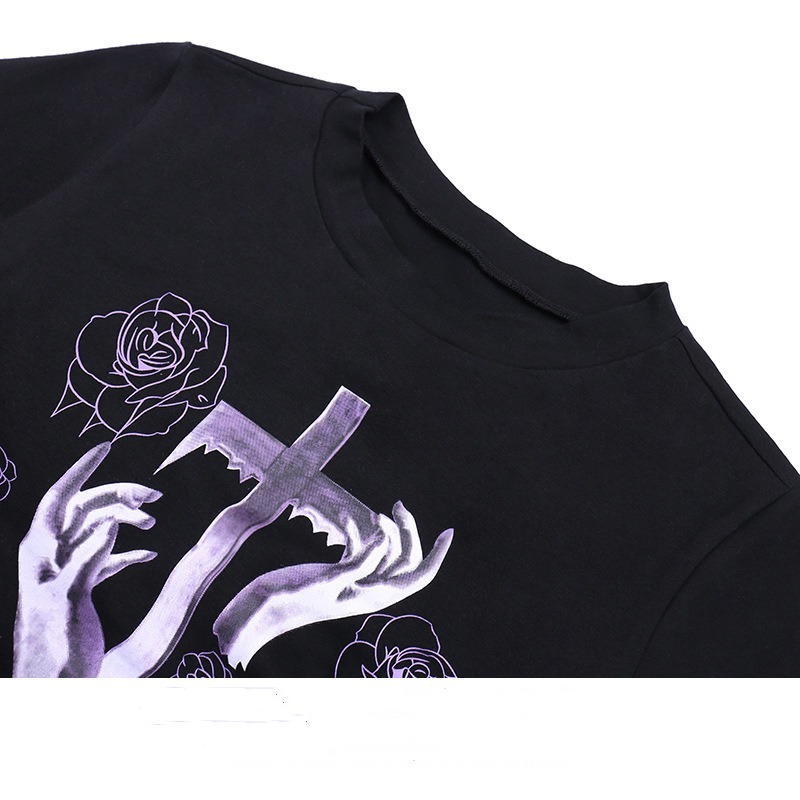 Rose Print Black Short-sleeved T-shirt Lace Up Short Top