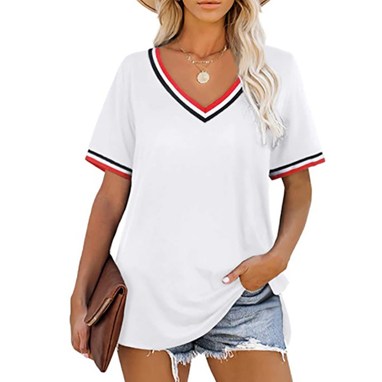 European And American V-neck Striped Stitching Short-sleeved T-shirt