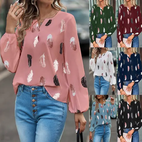 Feather Print Polo Shirt Long Lantern Sleeve Turndown Collar