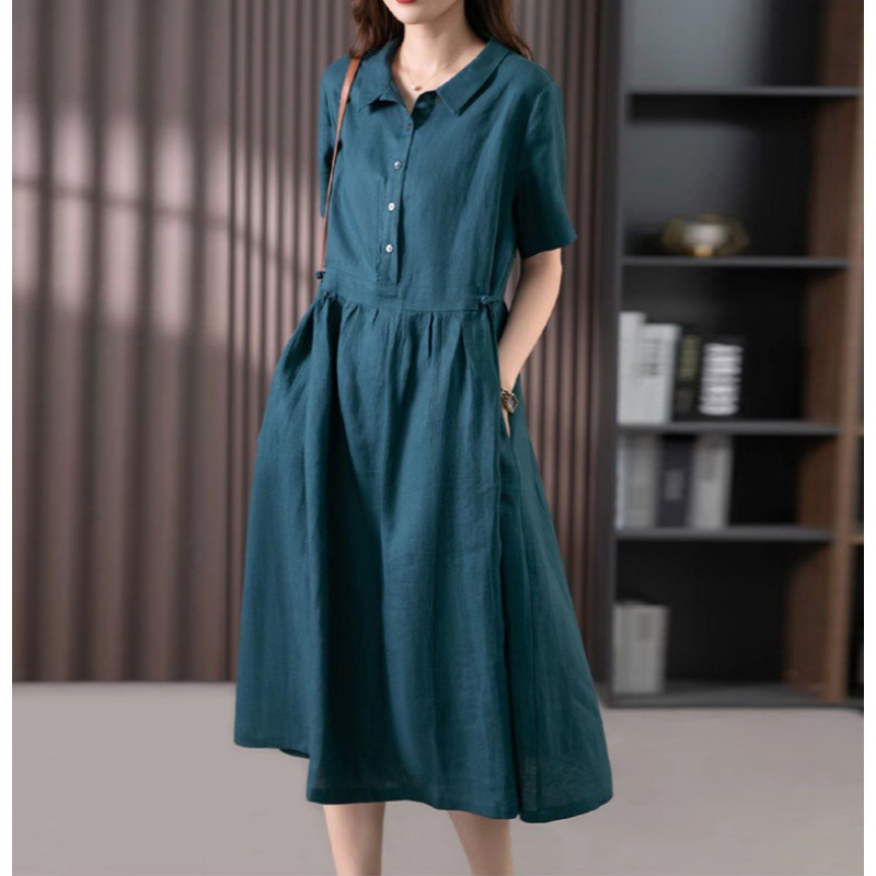 Loose Fit Collared Short Sleeve Linen Cotton Blend Midi Dress