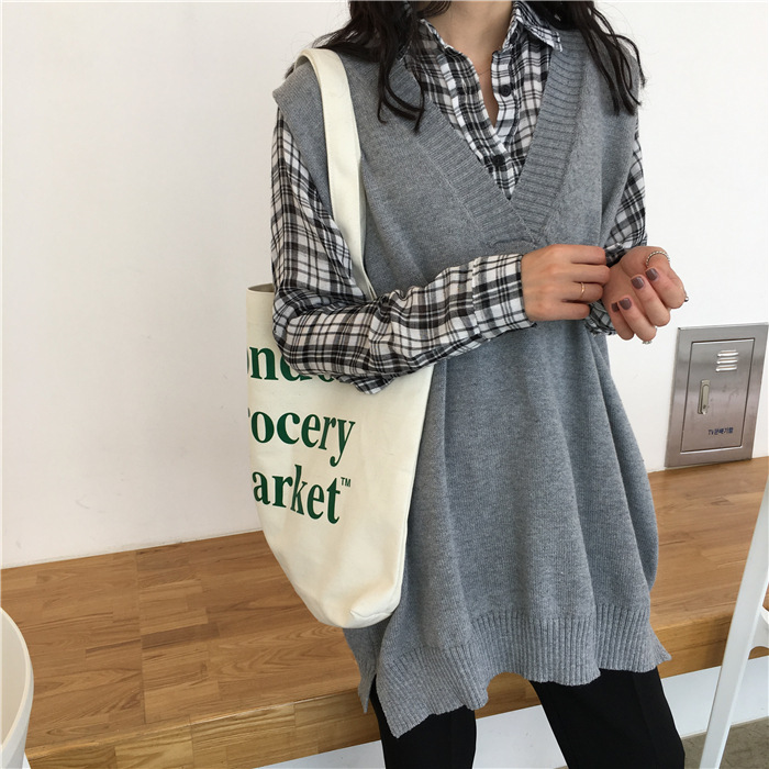 Title 2, Loose V-neck Split Mid-length Pullover Vest Jac...