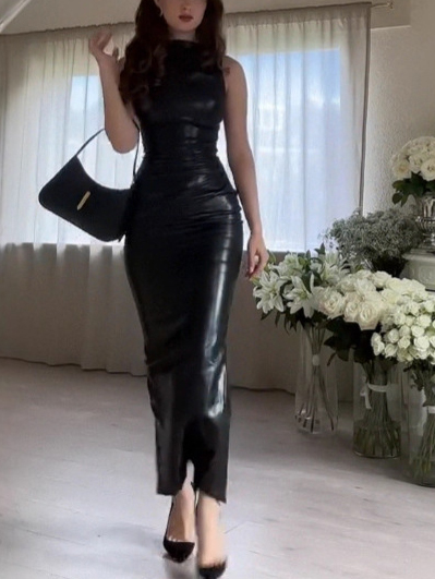 Elegant Sleeveless Leather Bodycon Dress Black - Shop at LoveMi