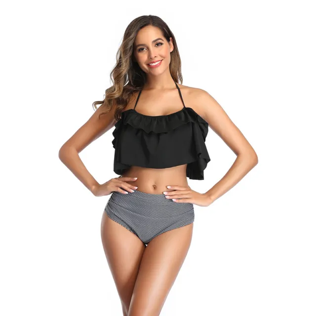 Bikini Split Swimsuit European And American Cross border High Waist Printing Black - Shop at LoveMi