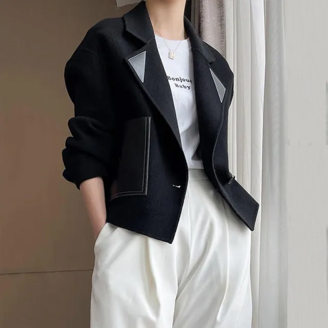 Women's Spring New Loose Plaid Woolen Short Coat Black - Shop at LoveMi