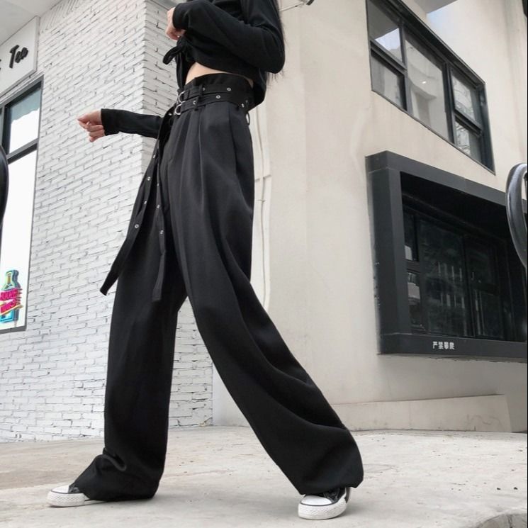 Women's High Waist Slim Black Straight Pants Casual Pants