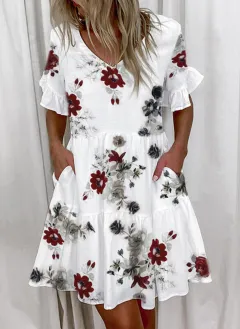 Fashion Printed Ruffle Pocket Short Dress - Flower - View 1