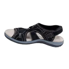 Women's New Roman Wedge Sandals Round Toe Velcro - Black - View 1