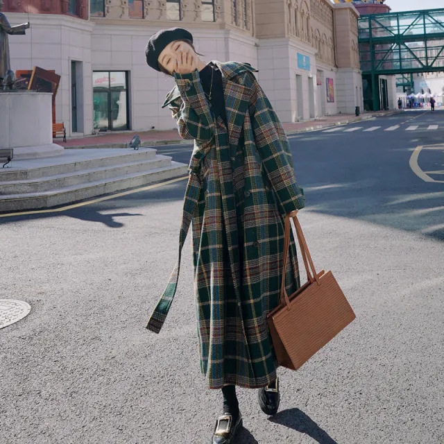 Women's Autumn And Winter New Temperament Long Woolen Plaid Coat Jacket Green - Shop at LoveMi