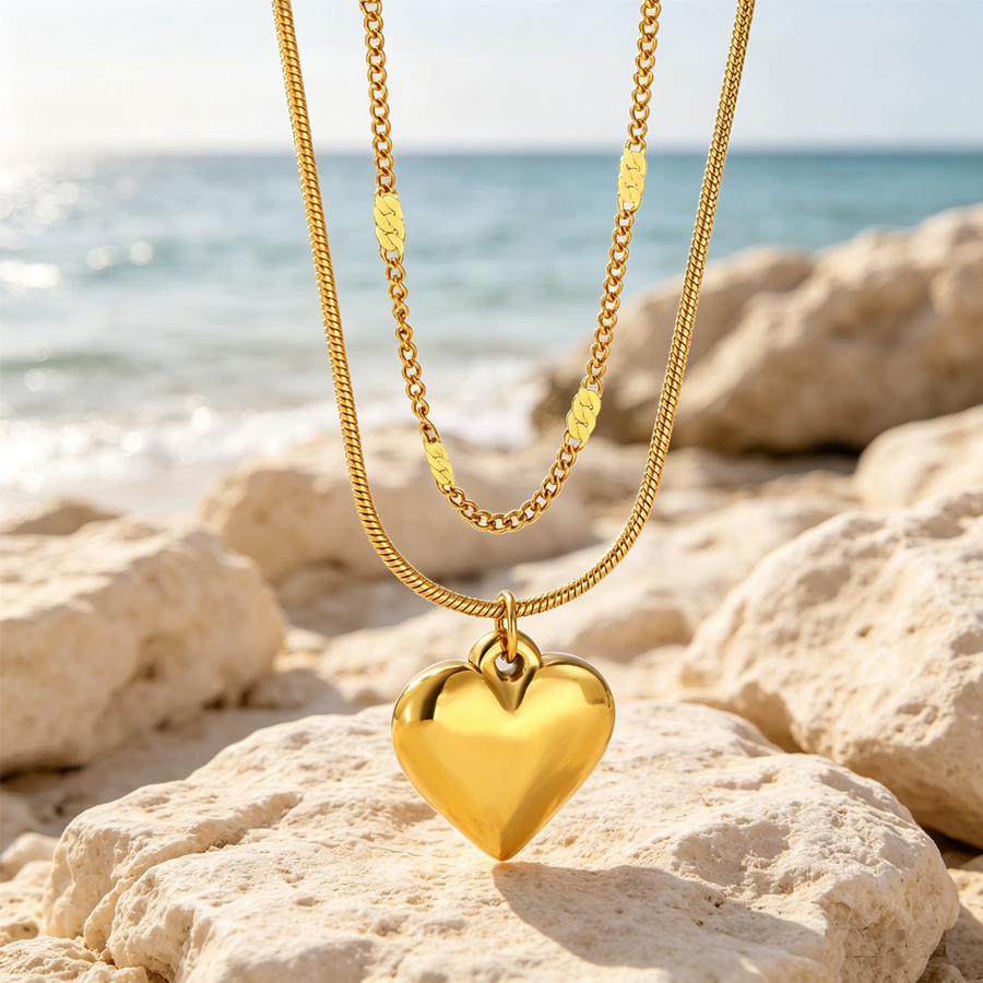 Collier Double Couche Cœur 3D Acier Inoxydable — Doré 2