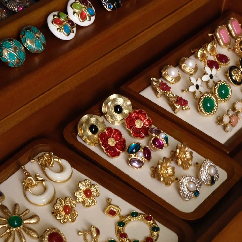 S925 Silver Retro Style Colorful Enamel Earrings For Women Crystal Stud Earrings Luxury Fine Jewelry